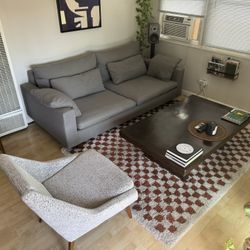 Modern Living Room Set – West Elm Harmony Sofa + AllModern Chair + Solid Wood Coffee Table + Framed Art