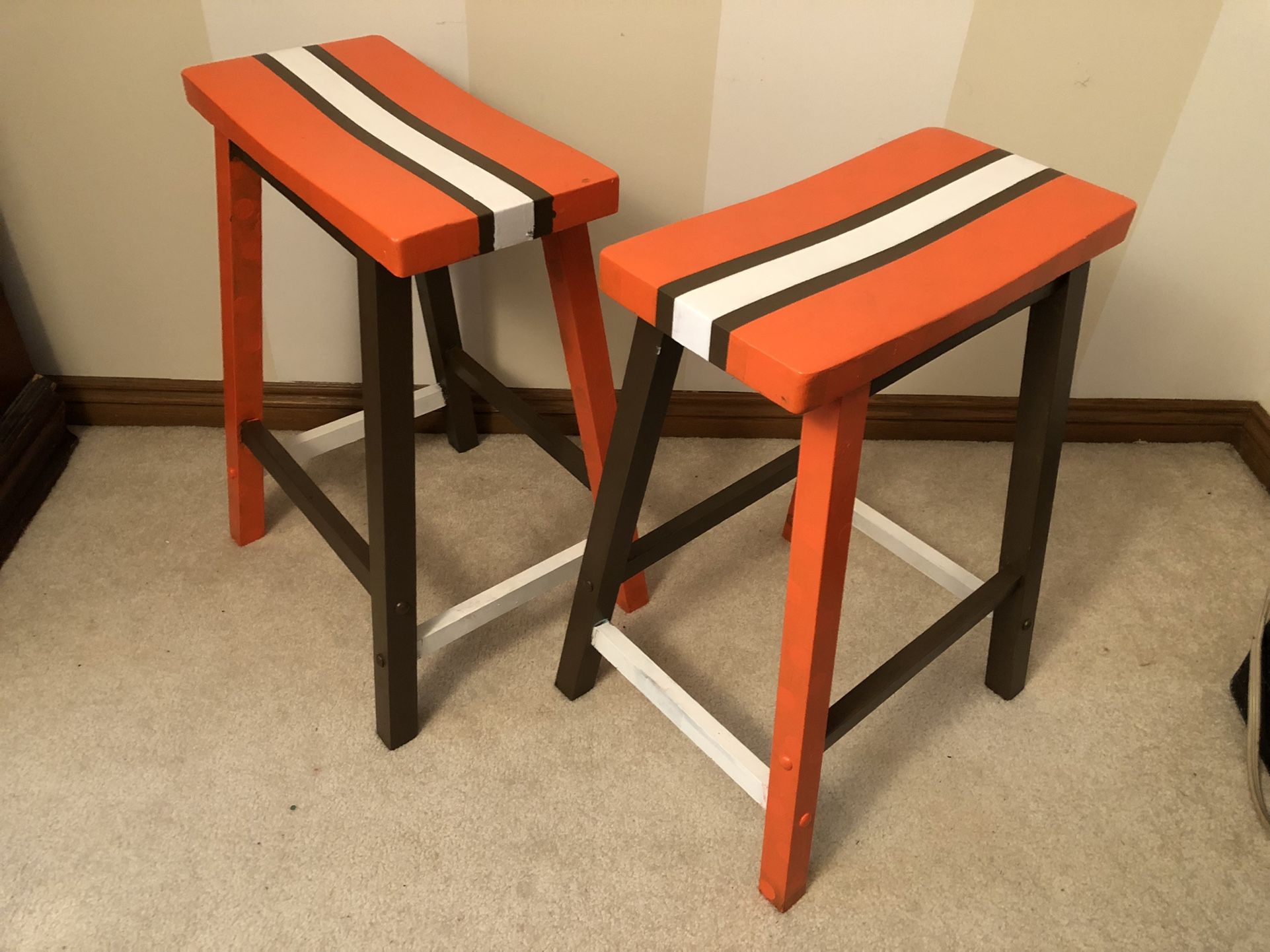 Cleveland Browns Inspired wooden Stools  Handpainted By Artist 17” X  9” By 24” Tall 