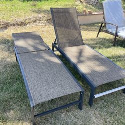 New 2pc Gray Brown All Weather Patio Pool Chaise Lounge Chairs Aluminum Rust Free Frame