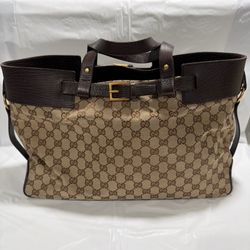 Authentic Gucci GG Beige Dark Brown Jacquard Leather Handbag