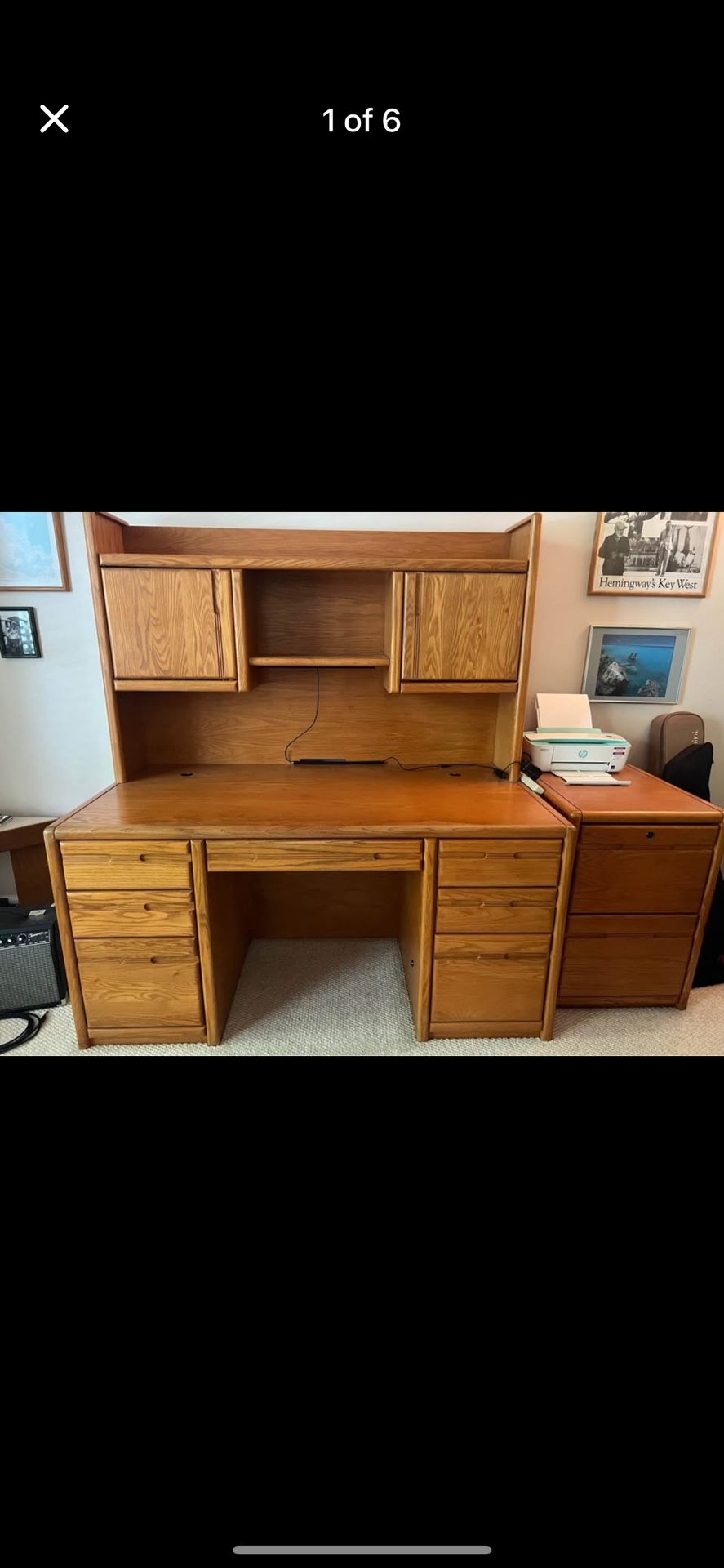 Wooden Desk, Hutch, And Filing Cabinet