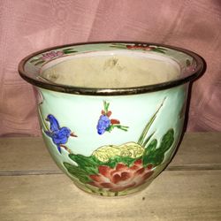 Vintage Chinese Planter Gold Rim Duck Egg Blue Green Hand Painted Lotus Floral Birds Pattern Ceramic Plant Pot Farmhouse House Decor