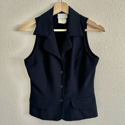 YOU BABES Vintage Y2K Navy Blue V Neck Collared Button Up Sleeveless Vest Top