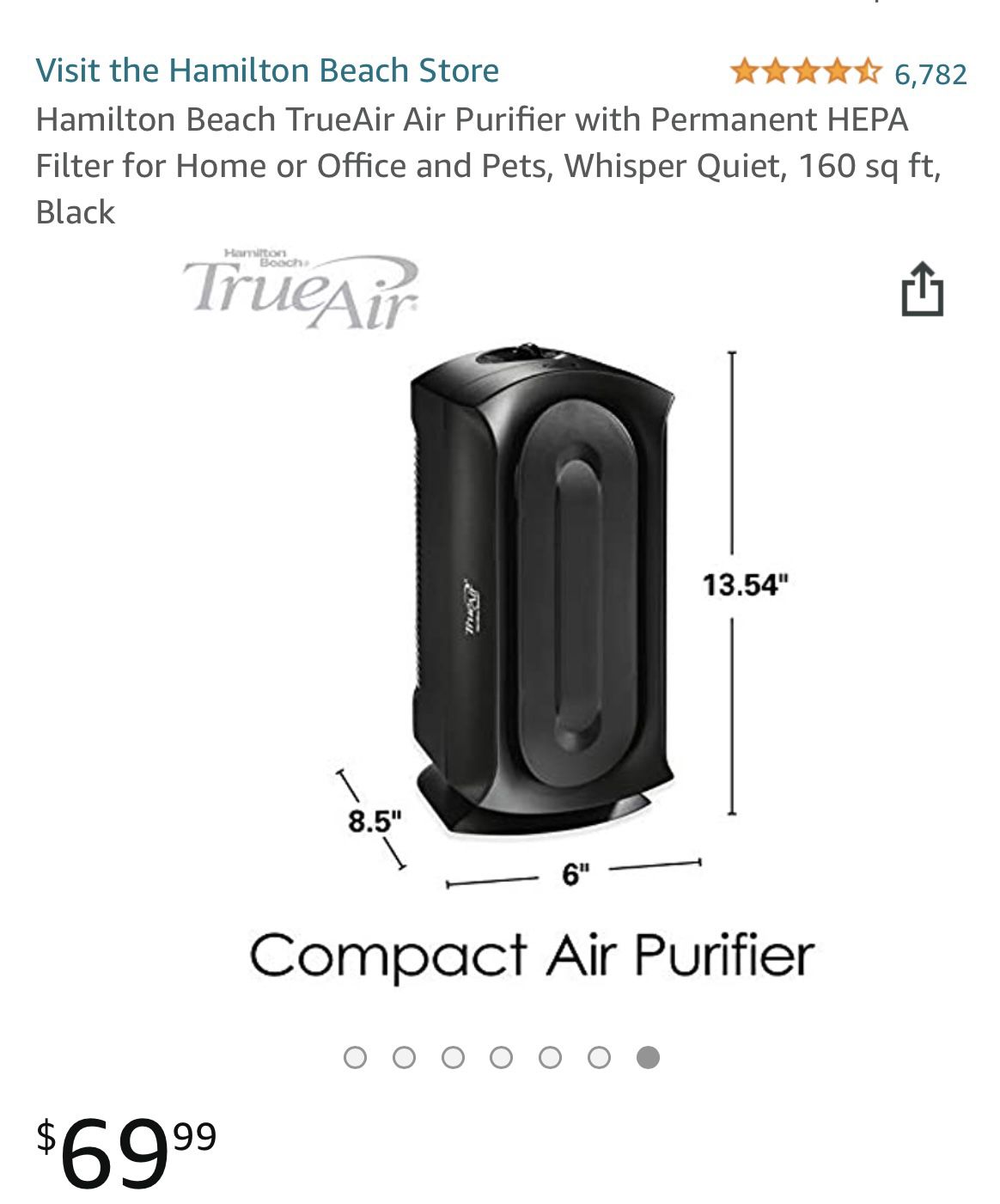 Hamilton Beach TrueAir Air Purifier with Permanent HEPA Filter for Home or Office and Pets, Whisper Quiet, 160 sq ft, Black