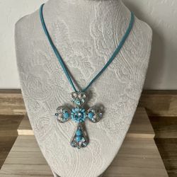 Cross Pin Brooch Pendant Necklace- Blue