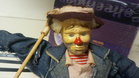 Rare Vintage Charlie clown hobo doll on bench