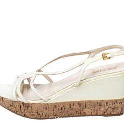 Prada Cream Patent Leather Cork Wedge Platform Slingback Sandals Size 38 1/2