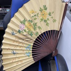 Vintage large Paper Fan With Wooden Handle 