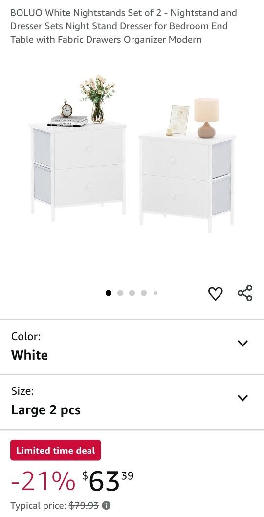 BOLUO White Nightstands Set of 2 - Nightstand and Dresser Sets Night Stand Dresser for Bedroom End Table with Fabric Drawers Organizer Modern
