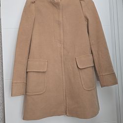 ZARA WOMAN Camel Wool Angora Blend Coat Jacket Puff Shoulder Tan XS EUC