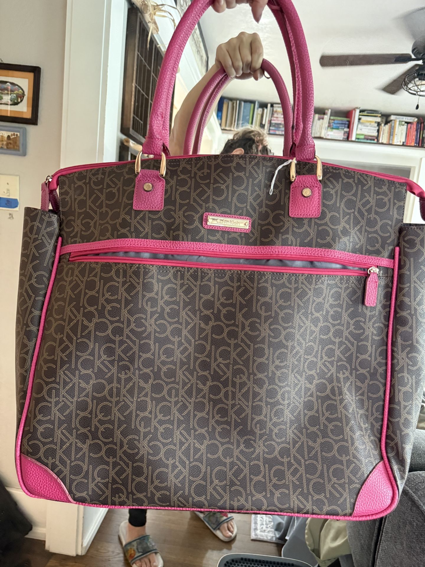 CK Calvin Klein XL Zipper Tote Weekender Travel Carryall Bag Brown Pink Trim