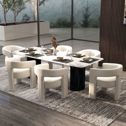 Set of 6 Modern Velvet Upholstered Dining Chair, Barrel Side Accent Armchair Vanity Chair with Armrests and Open-Back