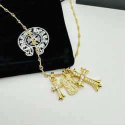 *SEND OFFERS!* Chrome Hearts Gold Cross Charm Triple Pendant Iced Cross
