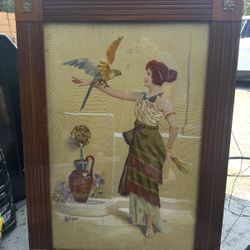 Vintage Antique Wooden Frame with textile embroided  Antique Painting 