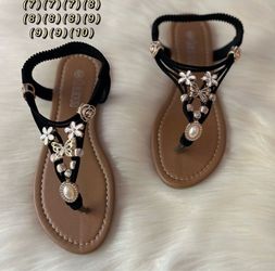 Black Flat Sandals with Floral Pearl Embellishments