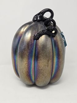 NWT HD Designs 10" Tall Blown Glass Black Iridescent Pumpkin Decor
