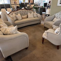 Michael AMINI AICO (High-end)-Beige Classic Living Room Set Sofa,Loveseat,2 Chair w/Pillows