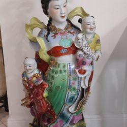 Large Chinese Goddess Magu Porcelain Statue 2 Children Deer Phoenix Longevity God Figurine Sculpture Fertility Guan Yin Asian 麻姑 40"
 Tall