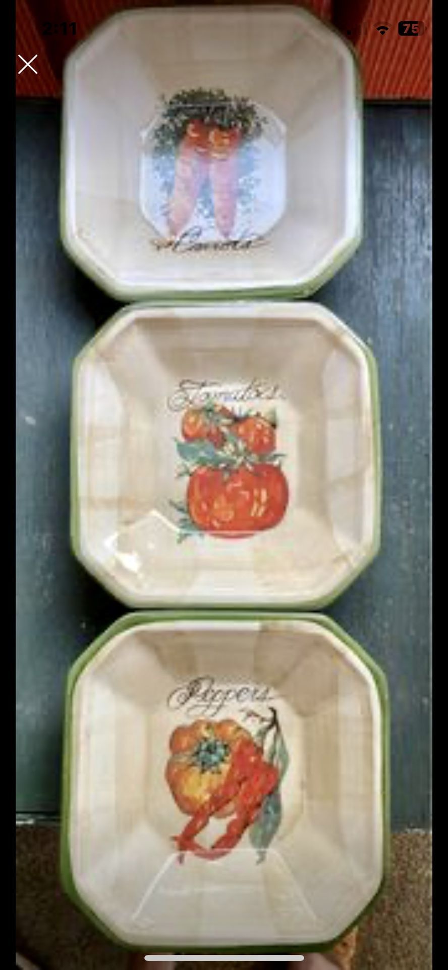 3 Ceramic Bowl/plates Quality! Pictured with carrots,Peppers and tomatoes vegetables.