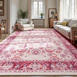 Zentavio 8*10 Washable Area Rugs, Vintage Non-Slip Floral Living Room Rug, Indoor Foldable Floor Thin Low Pile Carpet for Farmhouse Bedroom Dining Roo