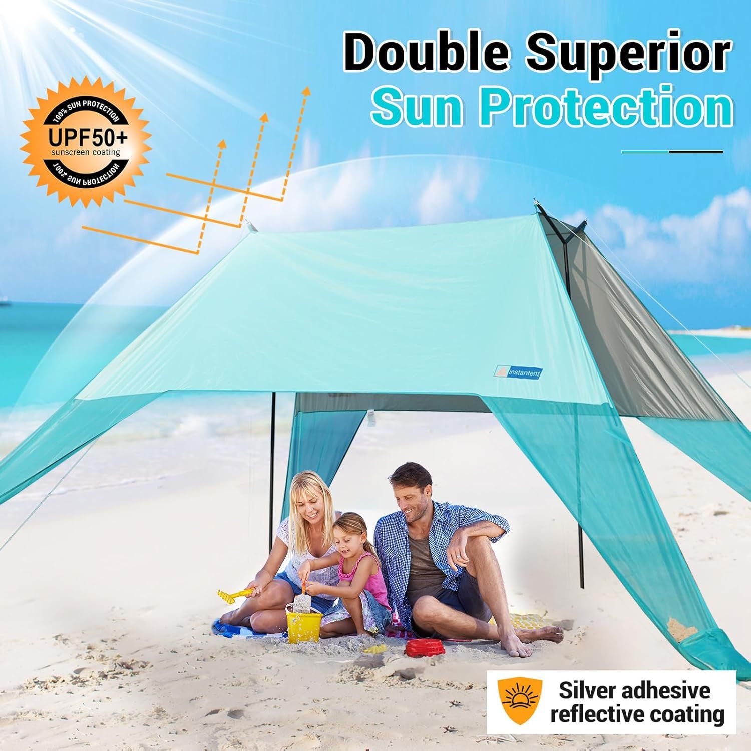 BRAND NEW 15x9FT Easy Setup Beach Tent with UPF50+ Protection, Includes Sand Bags, Ground Pegs, Stability Poles for Family Camping, Fishing, Backyard