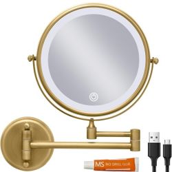 Wall Mounted Lighted 8 Inches Rechargeable Double-Sided 1X/10X Magnifying Mirror for Makeup, 3 Colors Led, Touch Dimmable, Memory Function, 360 Rotati