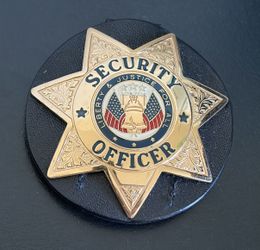 round leather security officer badge on leather metal clip on