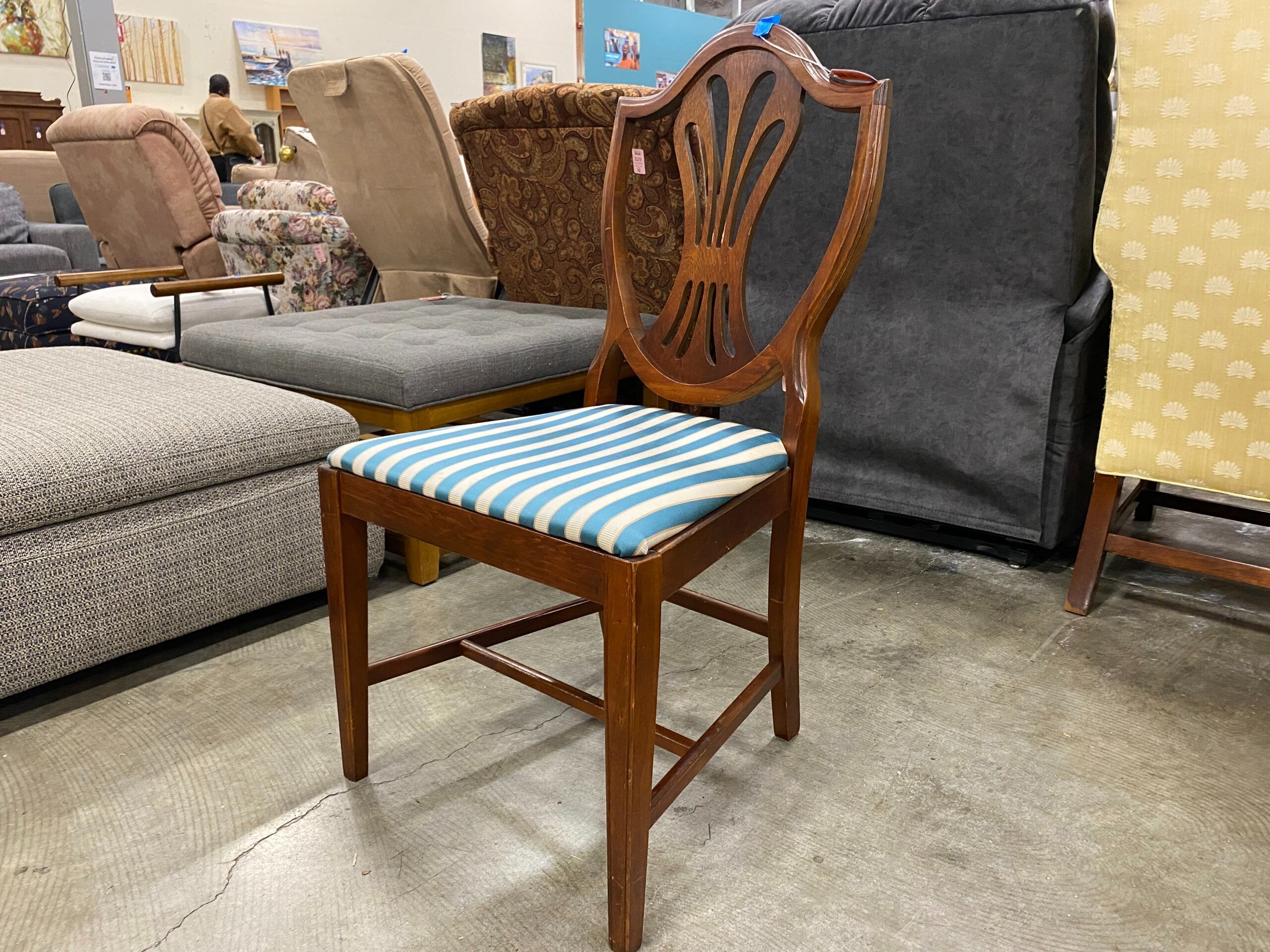 Vintage Curved Wood Chair with Striped Upholstered Seat Cushion