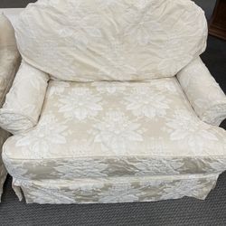 Cream Colored Damask Slip Covered Armchairs