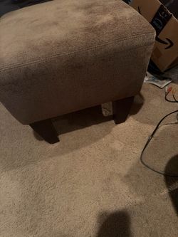 Tan Fabric Ottoman with Wood Legs