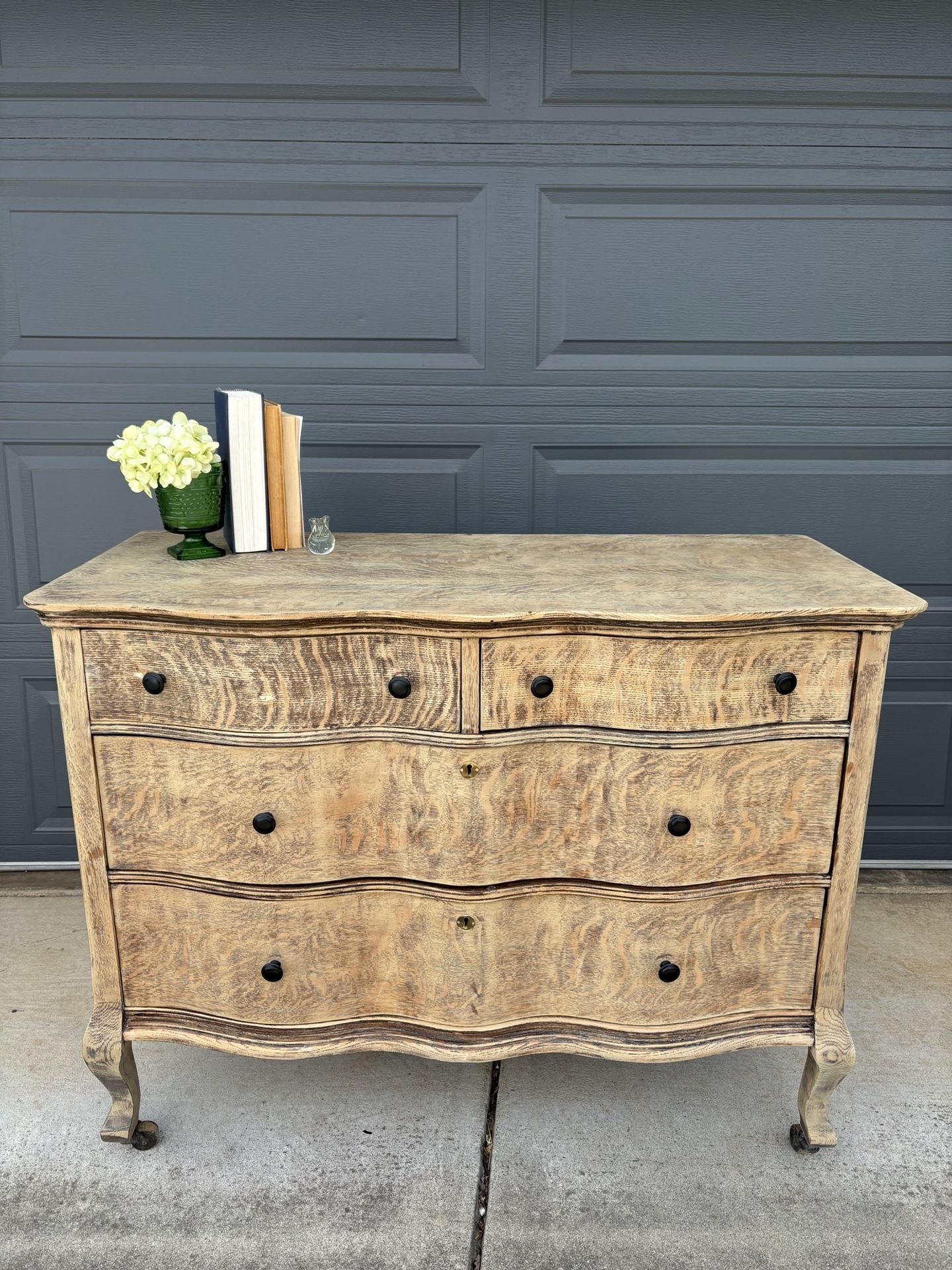 Vintage Bleached Serpentine Tiger Oak Dresser / Entryway on Wooden