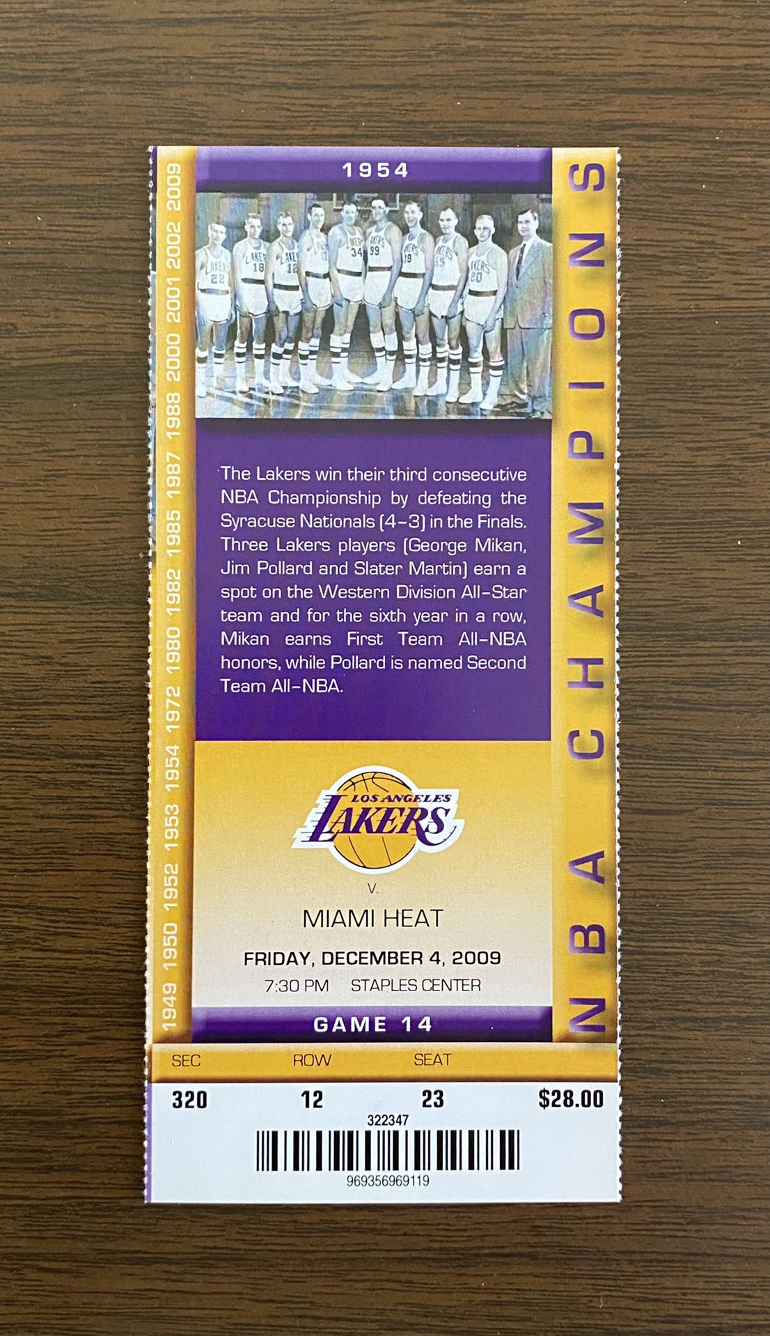KOBE BRYANT vs MIAMI HEAT GAME WINNING BUZZER BEATER OVER DWYANE WADE AUTHENTIC FULL GAME TICKET 12-04-2009 LOS ANGELES LAKERS “BLACK MAMBA”
