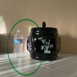 vintage  ?? black decorative jar with mother-of-pearl inlay lid floral and botanical 