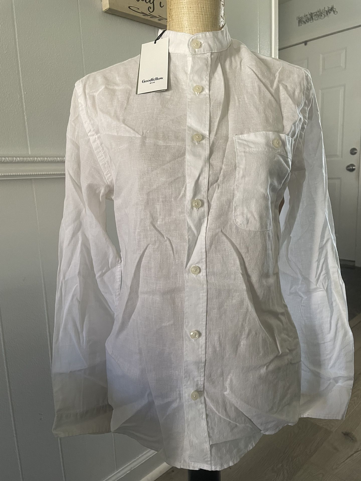 NWT Mens Linen Cotton Goodiellow Button Down Shirt White