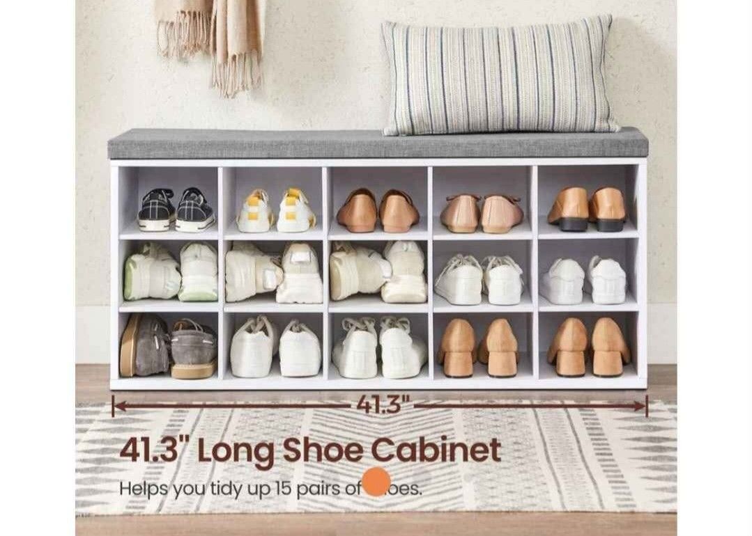 Entryway Coat Rack With Shelves & Cushioned Shoe Bench