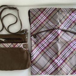 New Thirty One Brown/Plaid Crossbody Purse Bag & New Plaid Cinch Sac Back Pack Drawstring Bag