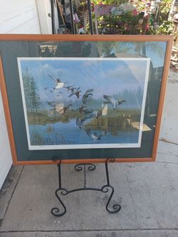 Vintage framed Rock Run flying Mallard Ducks limited edition lithograph signed Bud Hack