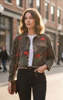Unbranded Women's XL Cropped Camouflage Cargo Jacket Red Lip Embroidery Patches. Labeled 3XL (Asia sizing) This piece is an unbranded, raw-hem cropped