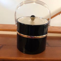 Vtg MCM Glossy Black Vinyl Ice Bucket W/ Acrylic Lid & Handle