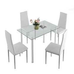 White Kitchen Table Set, 5 Pieces Dining Table Set, Tempered Glass Dining Table and Chairs Set for 4