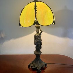 Extremely Antique Rare Bronze & Slag Glass Desk Lamp
