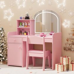 Kids Vanity Desk with Mirror and Lights, Kids Makeup Vanity with 2 Tier Open Shelves Drawer and Cabinet, Todder Vanity Table and Chair Set for Little 