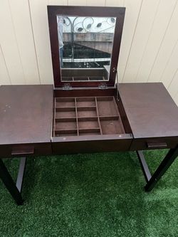 Dark Wood Vanity Table with Mirror and Storage