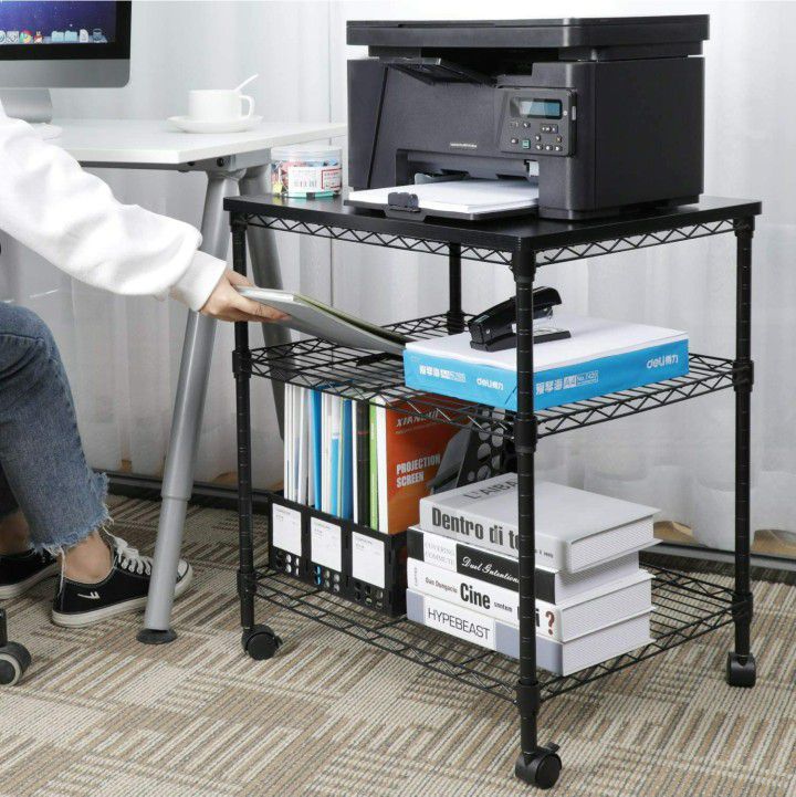 HUANUO Printer Stand, 3 Tier Printer Cart for Storage, Printer Table Holds up to 200lbs, Multifunctional Metal Utility Shelves, Workspace Desk Organiz