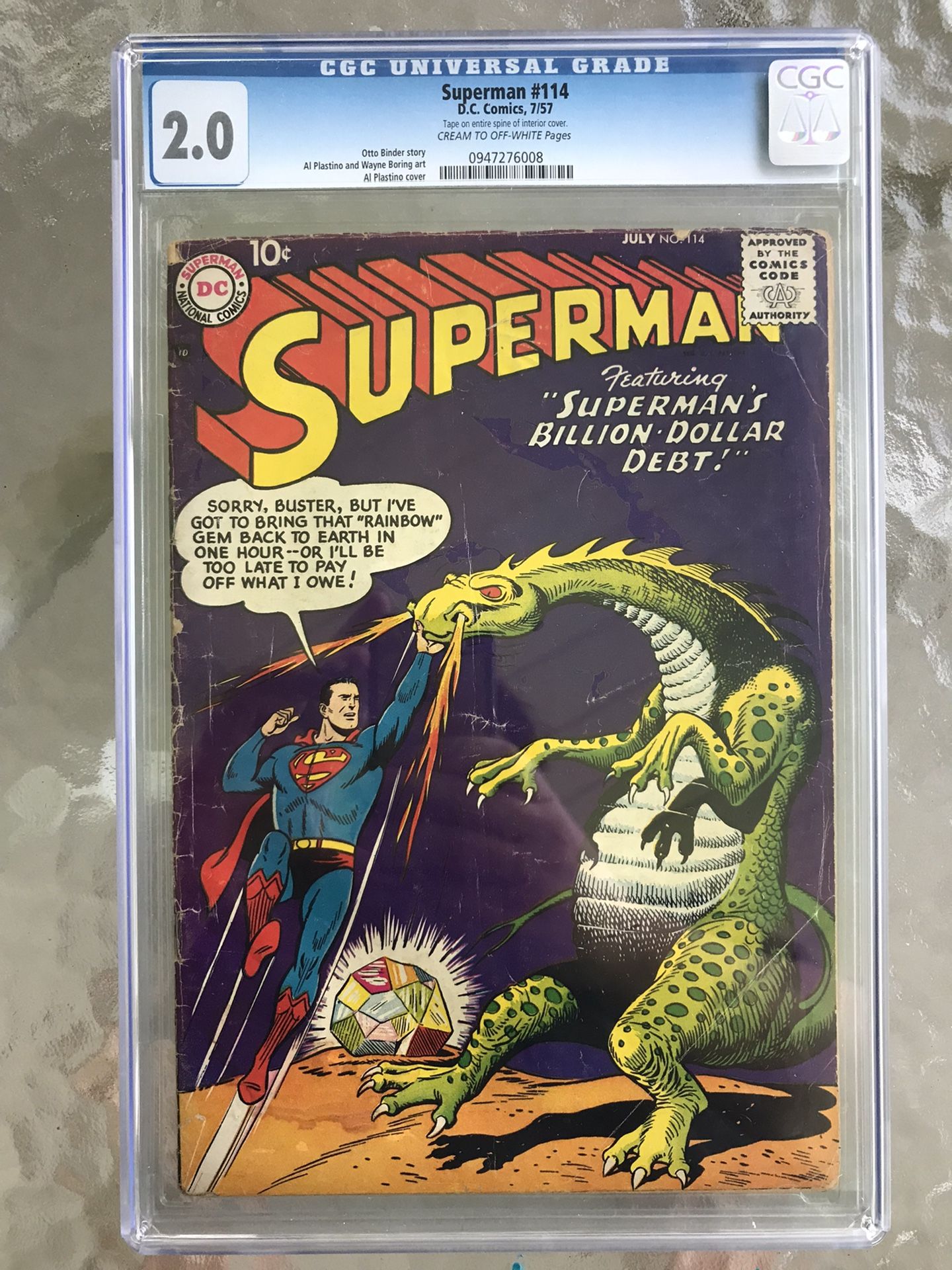 Superman #114 (1957) CGC 2.0 — Superman Vs. Dragon Cover By Al Plastino; Binder