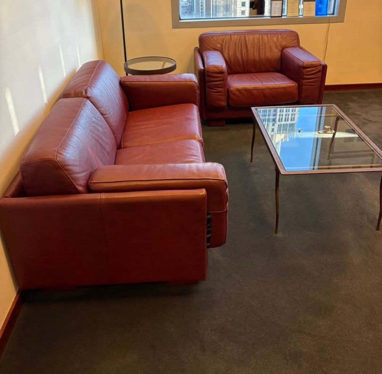 Furniture Set, Coffee Table , Leather Chair And Couch, Side Table And Floor Plank.