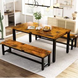 Dining Room Table Set, Kitchen Set with 2 Benches, Ideal for Home, and Room, Breakfast of 43.3x23.6x28.5 inches, Benches 38.5x11.8x17.5 Industrial Bro