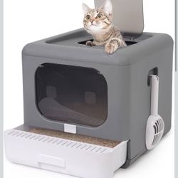 Foldable cat litter box with front door and top entrance, removable drawer type, cat toilet with lid, easy-to-clean and anti-splash litter tray with s