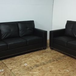 Brand New Black Leather Sofa Loveseat & Chair With A Nail Studded Trim 
