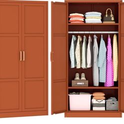 Metal Storage Wardrobe Cabinet with Lock, 71" Brown Metal Wardrobe Closet for Hanging Clothes with Doors and Shelves, Modern Steel Clothes Closet for 